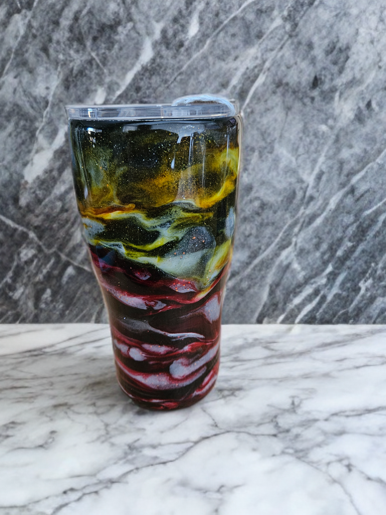 Red, yellow, with glitter swirl tumbler