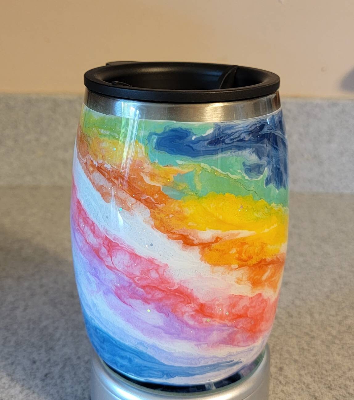 14oz Round Coffee Mug. Rainbow design, stainless steel insulated.