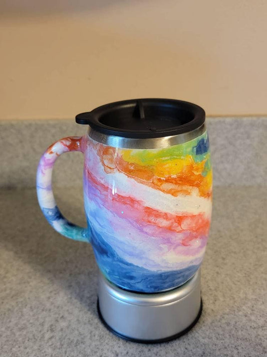 14oz Round Coffee Mug.  Rainbow design, stainless steel insulated.